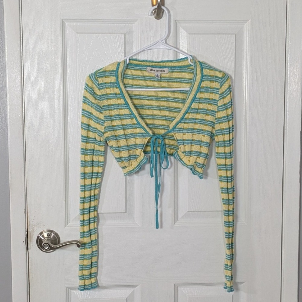 Urban Outfitters Tie Front Cardigan Top Yellow Blue Striped‎ Cropped Knit Small
